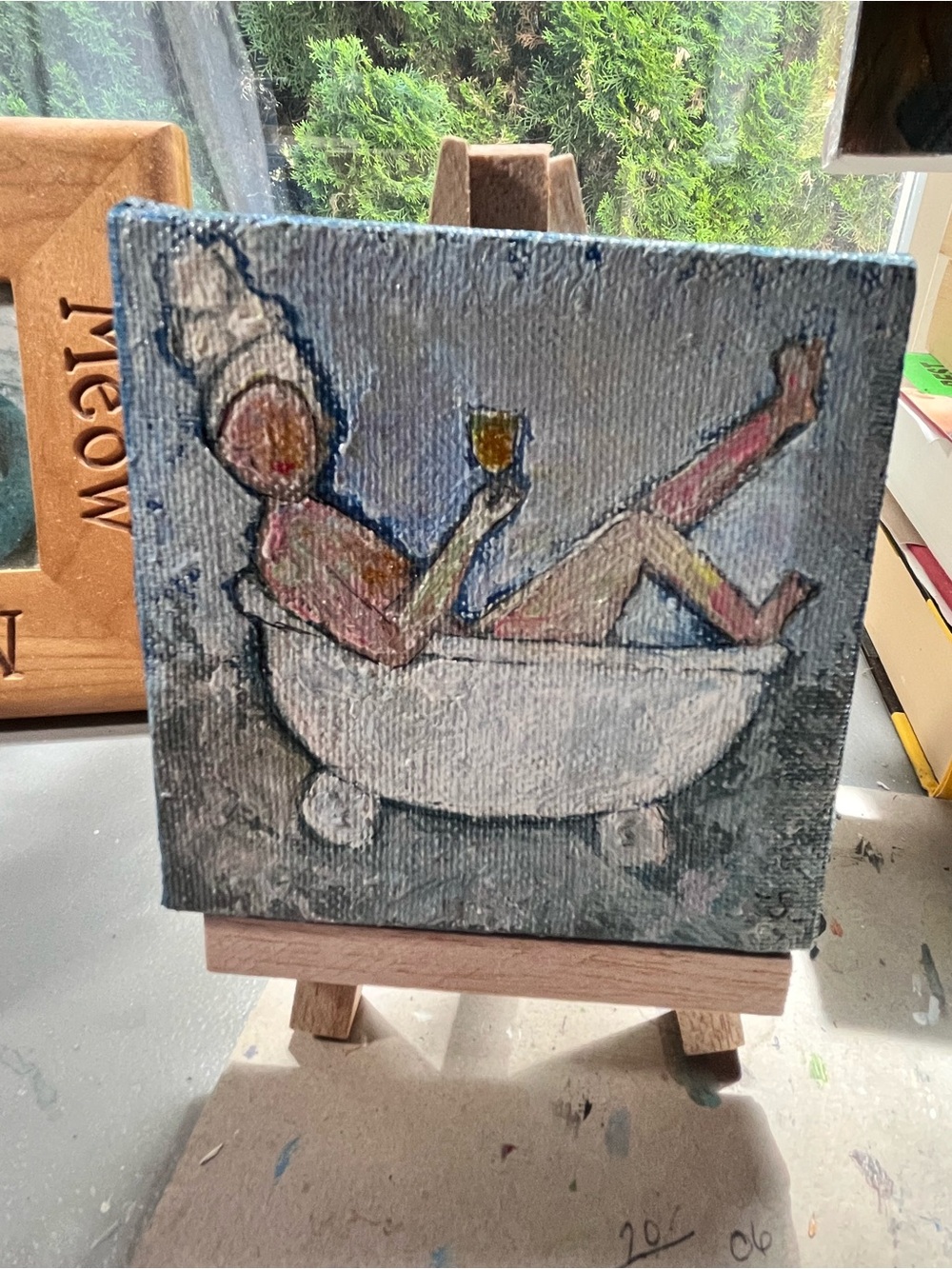 Original mini 4x4” acrylic painting of “Lucy”, woman in tub with wine.